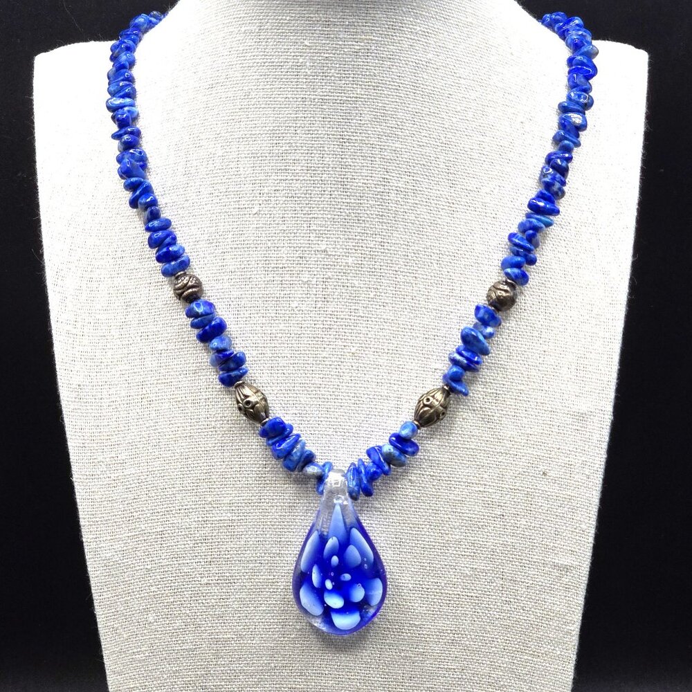 Artist Made Lapis Lazuli Chip Necklace w Blown Glass Flower Pendant 19" Long
